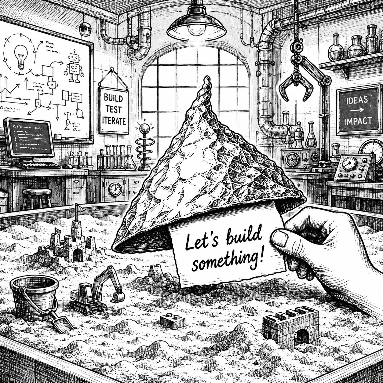 A tinkerer's workshop with a sandbox, tinfoil hat, blueprints and robot doodles
